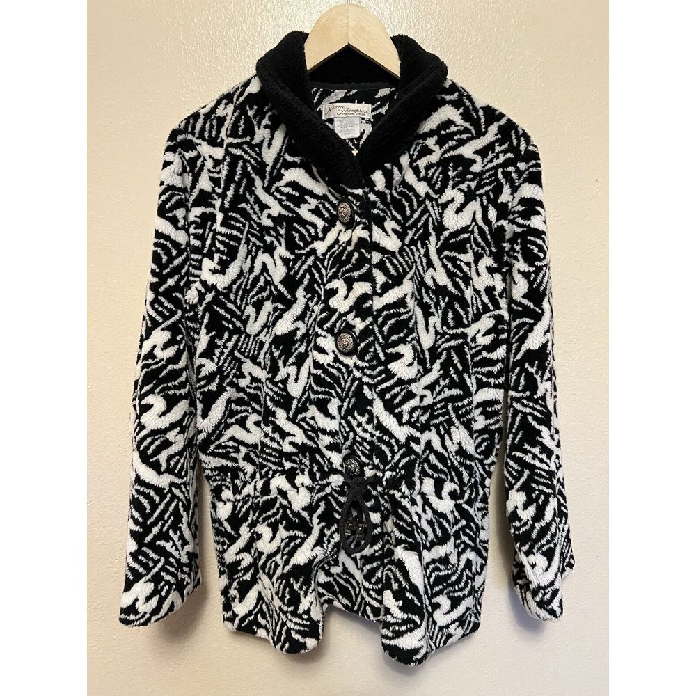 Vtg Norm Thompson Black White Reindeer Deer Fleece Jacket Winter Holiday Wmns S